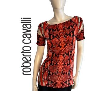 Roberto Cavalli Red Snake-Print Short Sleeve Top